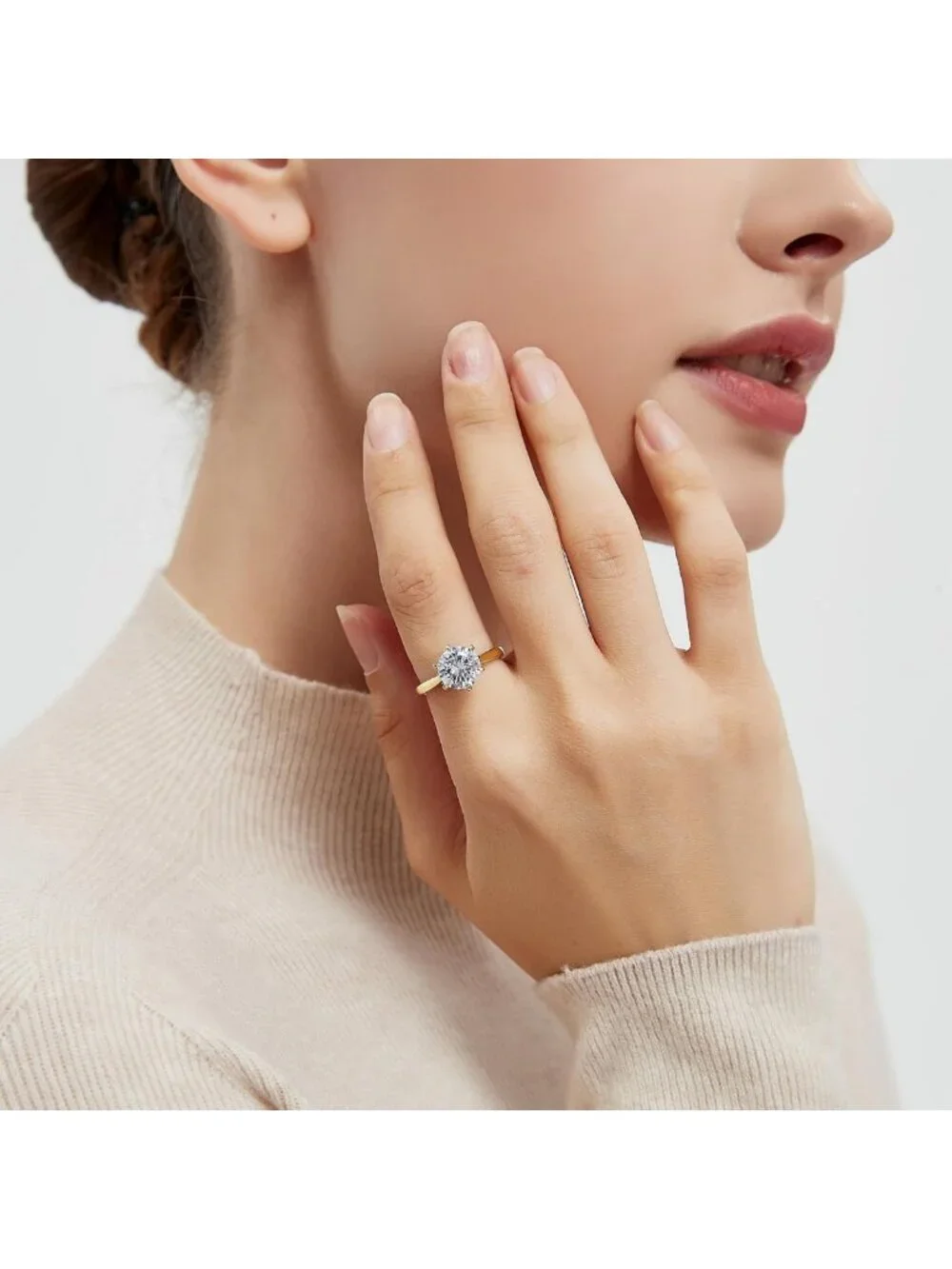Stunning CZ Round Solitaire Engagement Ring, 18K Gold Plated Wedding Band for